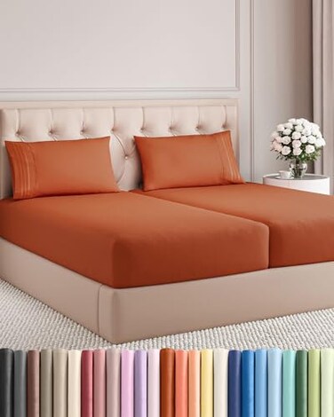 Split King Size 5 Piece Sheet Set - Comfy Breathable &amp; Cooling - Terracotta