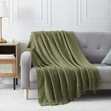 BOURINA Olive Throw Blanket 50x60 Inch Boho Knitted Soft Throw Sofa Blanket