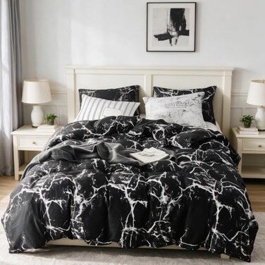 CLOTHKNOW Black White Marble Queen Comforter Set 3Pcs Bedding Comforter Set