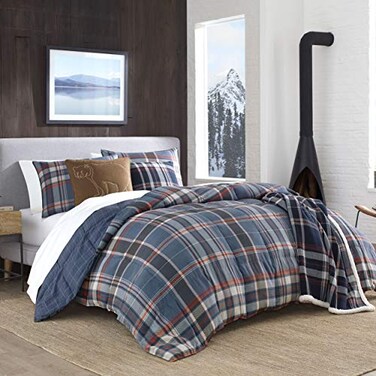 Eddie Bauer - Twin Comforter Set with Sham, Soft Microsuede Bedding, Down Alternative Fill, Dorm Room Essentials, Shasta Lake Navy