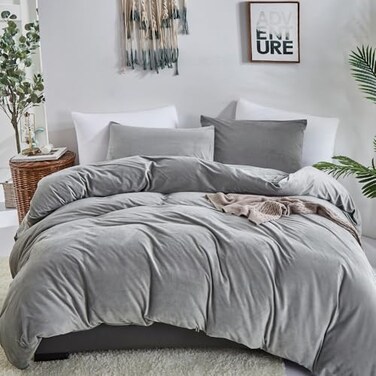 CLOTHKNOW Grey Comforter Set Queen 3Pcs Velvet Fluffy Bedding Comforter Set