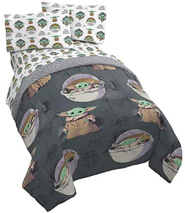 Star Wars Mandalorian Grogu Queen Comforter Set 5 Piece Bedding, Gray