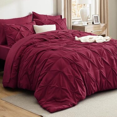 Bedsure 7-Piece Queen Comforter Set &amp; Sheet Set, Dark Red Bed in a Bag
