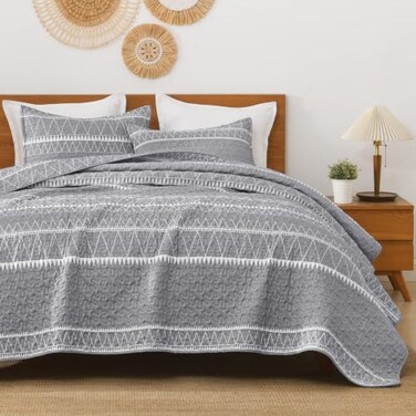 Andency California King Quilt Set Grey, 3 Pieces Boho Striped Bedspread