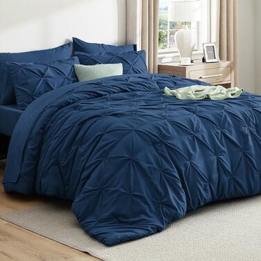 Bedsure 7-Piece California King Comforter Set &amp; Sheets, Navy Blue Bedding