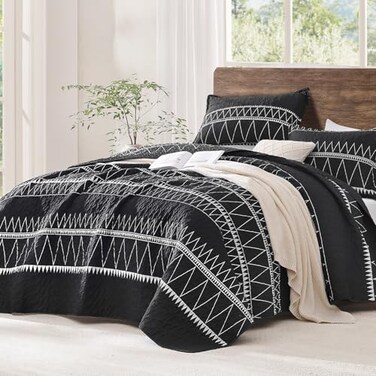 Andency Black Quilts Queen Size, 3 Pcs Boho Lightweight Striped Bedspread