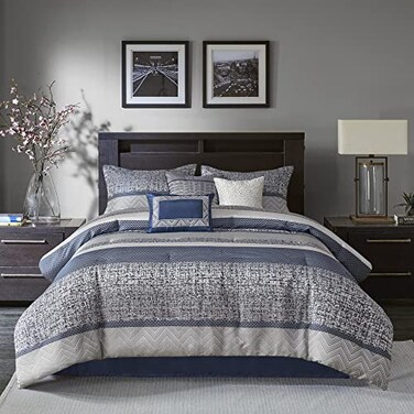 Madison Park Traditional Jacquard Navy King Comforter Set, 7pc