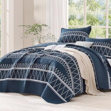 Andency Navy Quilts Queen Size, 3 Pcs Boho Lightweight Striped Bedspread