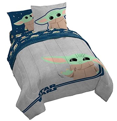 Star Wars Mandalorian Grogu Queen Comforter Set 7 Piece Bedding, Gray