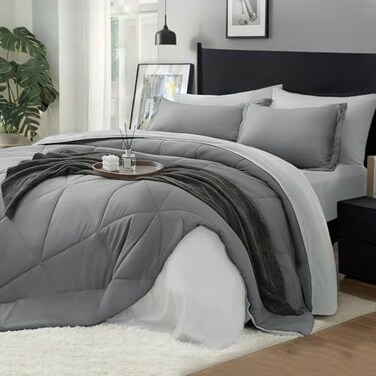 BEDELITE Queen Comforter Set 7 Pieces, Reversible Dark Grey Bed in A Bag
