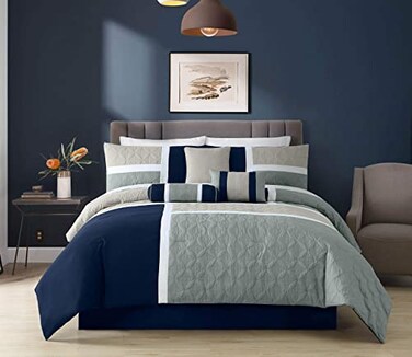 Chezmoi Collection Upland 7-Piece Quilted Patchwork Comforter Set, Navy/Blue/Gray, Queen
