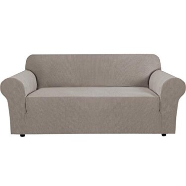 H.VERSAILTEX Stretch Sofa Covers for 3 Cushion Couch Slip Covers for Sofas/Couches Feature Thick Checked Jacquard Fabric with Elastic Bottom, Sofa Large - Taupe