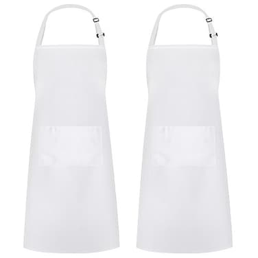 Syntus 2 Pack Adjustable Bib Apron Waterdrop Resistant with 2 Pockets Cooking Kitchen Aprons for BBQ Drawing, Women Men Chef, White
