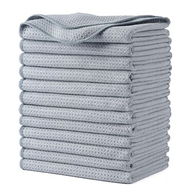 POLYTE 340 GSM Microfiber Waffle Kitchen Dish Tea Towel, 16x28 in, 12 Pack