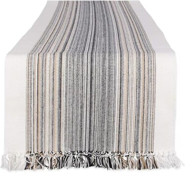 DII Everyday Collection Fringed Stripe Tabletop, Table Runner, 14x72, Black