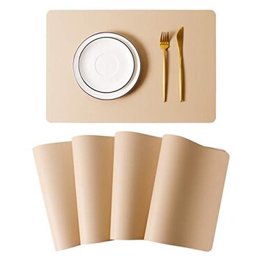 Wipeable Placemats Leather Table Mats Waterproof Heat-Resistant Easy to Clean for Dining Table Set Kitchen Table (4, Buff)