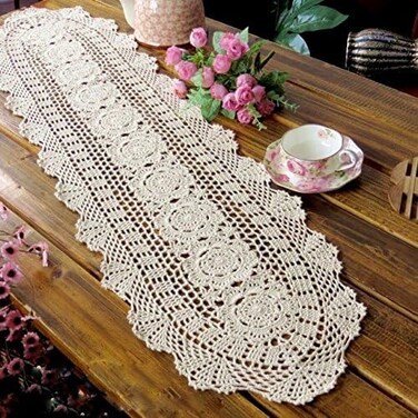 Hetao 12x35 100% Cotton Handmade Crochet lace Table Runners Oblong Tablecloth Doilies Doily,Beige