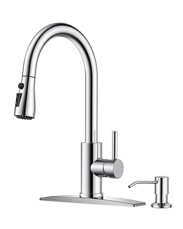 FORIOUS Kitchen Faucet with Soap Dispenser, Pull Down Sprayer, Chrome