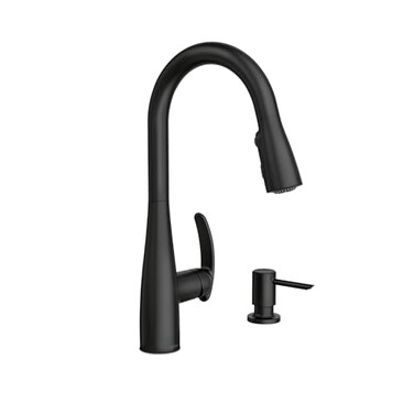 Moen Reyes Matte Black Pulldown Kitchen Faucet with Soap Dispenser and Power Boost, Transitional Kitchen Faucet, One-Handle High Arc, Easy Installation, 87932BL