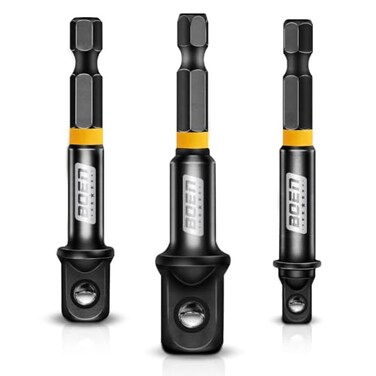 BOEN Impact Grade Socket Adapter Set, 3-PCS Drill Bit Adapter with Bit Holder, Sizes 1/4", 3/8", 1/2", 1/4-Inch SAE Hex Shank, Cr-V with Black Phosphate Finish