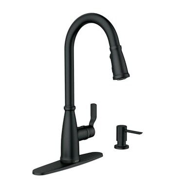 Moen Nolia Matte Black Kitchen Faucet with Soap Dispenser, Pull Down Sprayer with Power Boost, Transitional High Arc Kitchen Faucet, One-Handle Easy Installation, 87071BL