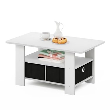 Furinno Andrey Small Modern Coffee Table with Storage Shelf, White