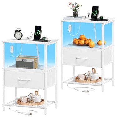 Somdot Nightstand Set of 2 with Charging StationLED Light, Bedside Table