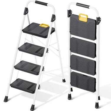 KINGRACK 4 Step Ladder, Folding Step Ladders for Home, 800lb Capacity,White