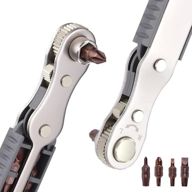 OSDUE 5 Pcs Mini Ratchet Wrench Set, 1/4 Inch Drive, High Torque Offset Reversible Screwdriver, with Phillips, Slotted, Hex, Torx for Tight Spaces