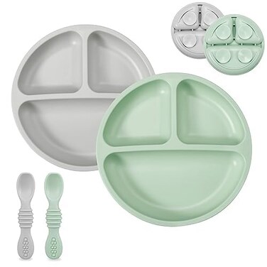 PandaEar 2 Pack Silicone Baby Feeding Set, Suction PlatesSpoons