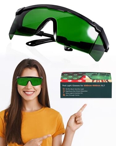 LIGHTMEUP Red Light Therapy Glasses Eye Protection for InfraredLED Sessions Deep Green Goggles with 200-2000nm Harmful Wavelength Blocking, Maintain Visibility Full-Coverage Adjustable Leg