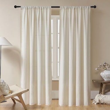 Joydeco Linen Beige Boho Curtains 90 Inch, 2 Panels