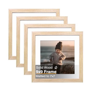 KINLINK 9x9 Picture Frames 4 Pack Natural Solid Wood Square Frames