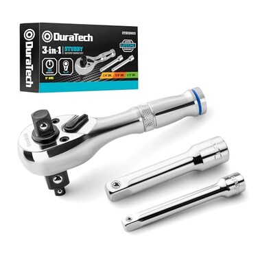 DURATECH 3-IN-1 Stubby Ratchet, 1/4", 3/8", 1/2", with 2 Extension Bars