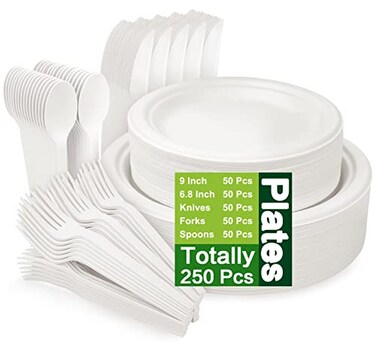 Unves 250 Pcs Compostable Paper Plates Set with Extra Long Utensils, White