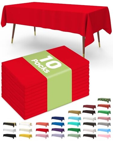 Pureegg Plastic Table Cloth Disposable 10 Pack, 54 x 108 Inch Table Cloths, Valentines Day, Thanksgiving, Christmas Decorations, Fall Tablecloths, Rectangle, Plastic Cover, LeakproofSturdy, Red