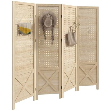 HOMCOM 4 Panel Pegboard Display Room Divider, 4.7' Tall Wood Folding Privacy Screen, Partition Wall Divider for Home Office, Natural