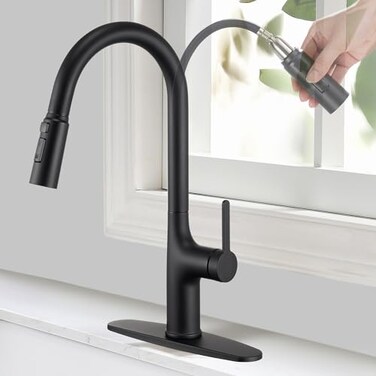 FROPO Black Kitchen Faucet with Pull Down Sprayer, Kitchen Sink Faucets with Deck Plate 3-Function Power Boost Pull Out Sprayer Modern Single Handle Commercial Kitchen Faucets