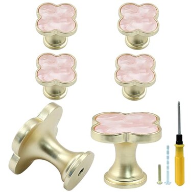 Bonsicoky 6 Pcs Four-Leaf Drawer Pulls Knobs, Gold, Pink