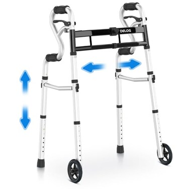 Delog Narrow Folding Walker for Seniors, 3 in 1 Folding Walker with 5” Front Wheels Width Adjustable Compact Standard Walker Support Up to 350lbs (Black