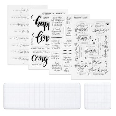 UCEC 4 Pcs Words Clear Stamps with 2 Blocks, Silicone Stamp for Card Making