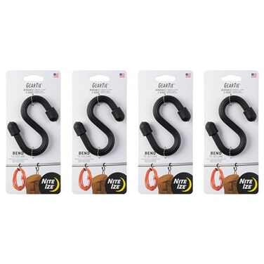 Nite Ize Gear Tie Bendable S-Hook - Utility S-Hook for Hanging - Bendable Rubber Hook Cable - Strong Hook for Closets, GaragesMore - Tough Rubber Shell with Flexible Wire - Black (4 Pack