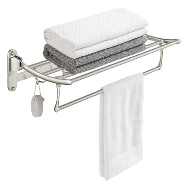 BESy Towel Racks with Foldable Towel Bar Hooks Wall Mounted Brushed Nickel