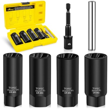 Topec 6PCS Deep Lug Nut Removal Tool, 1/2" Drive Lug Nut Extractor Set, 17,19,21,22MM Wheel Lock Removal Kit, Spark Plug Extractor Socket Set for Stripped, Rounded, Damaged BoltsStuds
