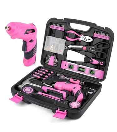 DOWELL Pink Tool Set with 3.6V Cordless Screwdriver Tool Kit, 143 Pcs