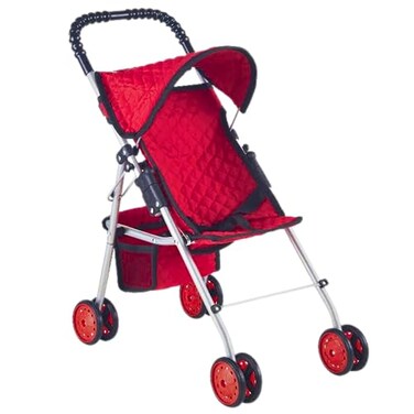 The New York Doll Collection My First Doll Stroller with Basket, Foldable Doll Stroller (Red Quilted