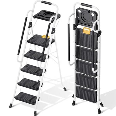 KINGRACK 5 Step Ladder, Folding Step Ladders for Home, 800lb Capacity,White