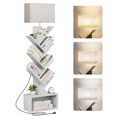 Evermagin 6 Tier Tree Bookshelf with Light, Bookcase, White