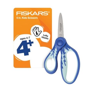 Fiskars 5" SoftGrip Kids Left-Handed Pointed-Tip Scissors, Ages 4-7, Blue