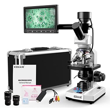 EDKKIE Lab Compound Monocular Microscopes with Constant Temperature,Dual-View Microscope for Adults Students with 40X-2500X Magnification, WF10X/25X Eyepiece, 7'' LCD Screen, Built in 5MP Camera